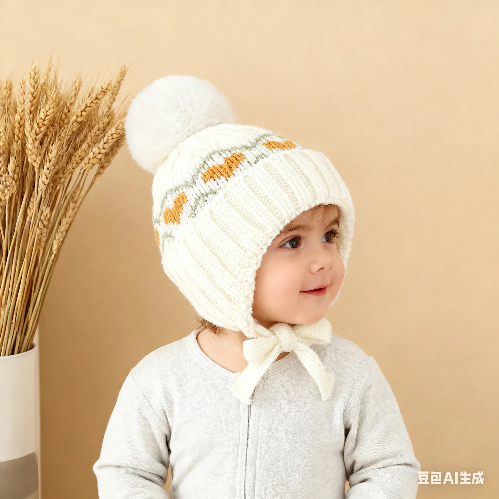Toddler Girls Knitted Hat Adorable Heart Ear Flaps Decorated Crochet Winter Warm Beanie Cap for Daily Casual Use