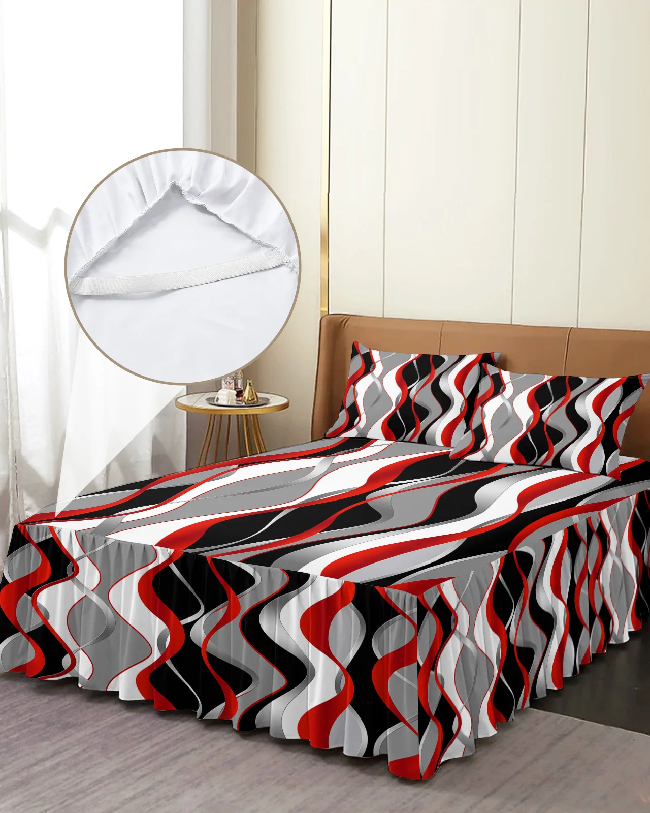 Stereo Abstract Line Gradient Red Bed Skirt Elastic Fitted Bedspread With Pillowcases Mattress Cover Bedding Set Bed Sheet