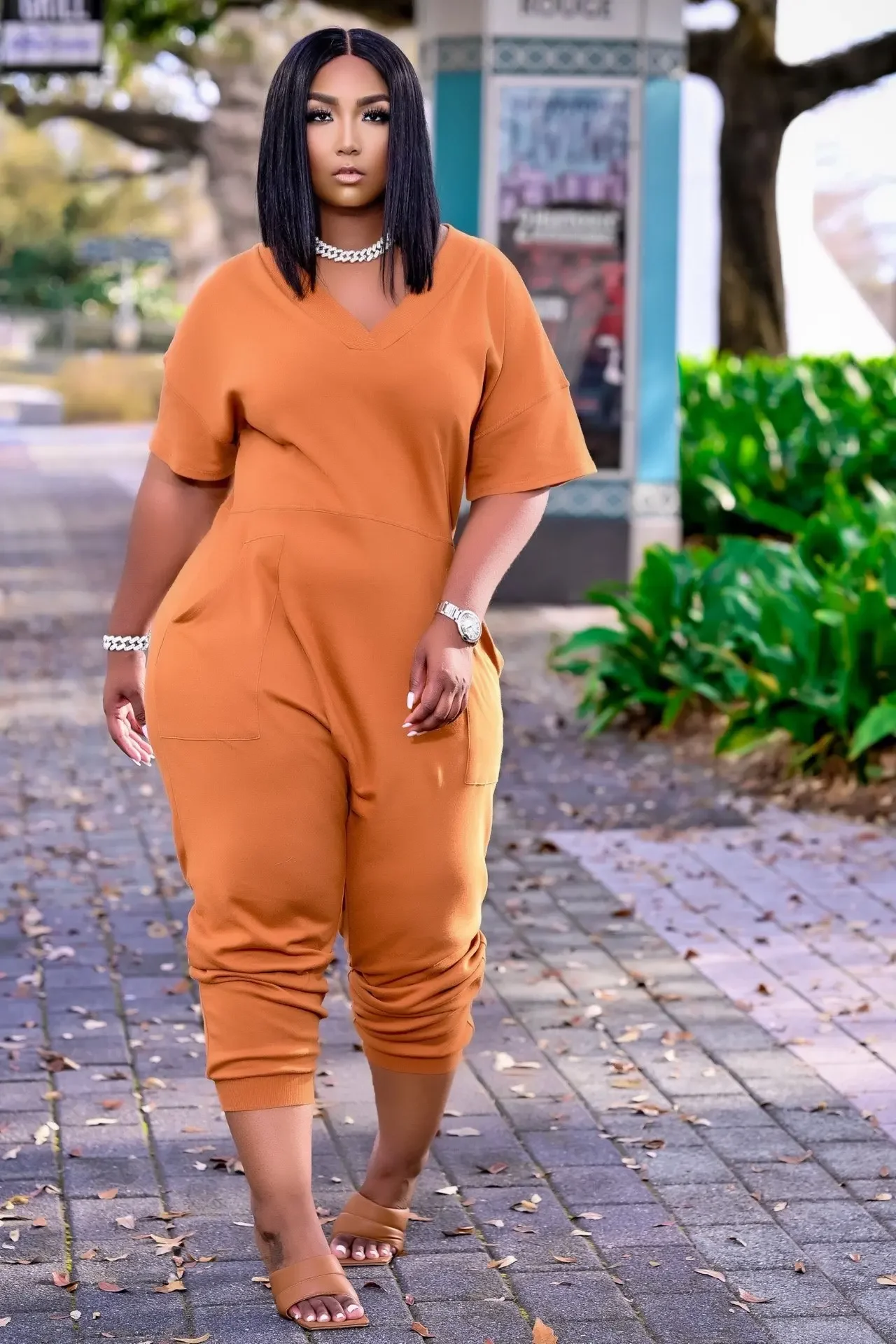 Chocomist Jumpusits Fashion Casual Solid V-neck Loose Women Jumpsuits F8059