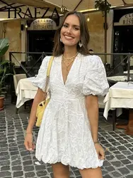 TRAFZA Women Elegant White Dress Short Sleeve V Neck Embroidered Mini Dresses 2024 Summer Female Casual Streetwear Vestidos TRAF