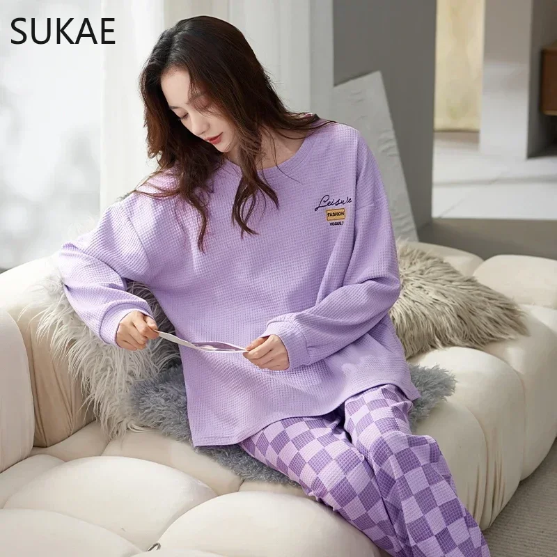 SUKAE Autumn Winter New Waffle Cotton Women Pajamas Set Casual Long Sleeves Minimalist Style Sleepwear Mujer Homesuits Pijamas