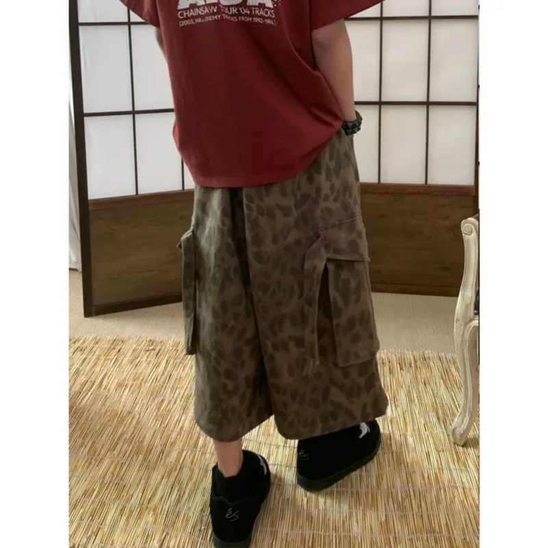 Fashion Leopard Print Cargo Shorts 2024 Casual High Waisted Baggy Wide Leg Pants Trendy Loose Unisex Punk Streetwear Trousers