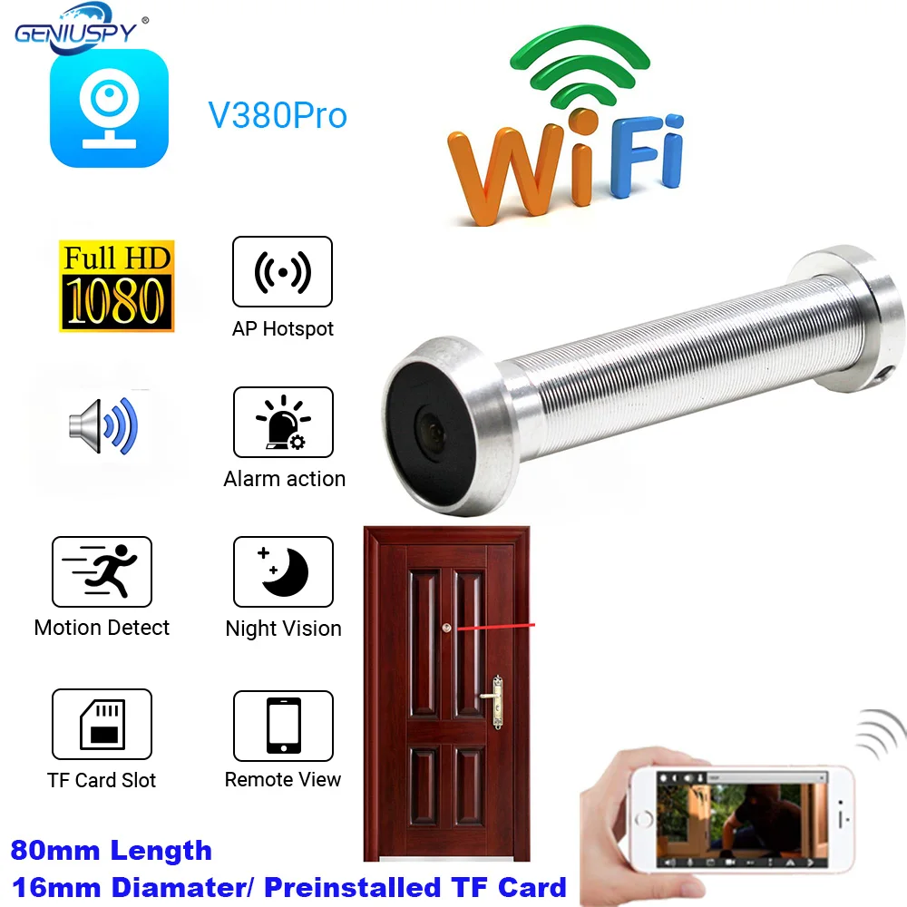 V380 PRO H.265 Black Sliver 1080P Cloud Storage TF Card IR Audio Door Eye Hole Peephole Super Mini Wifi Door Camera Wireless P2P