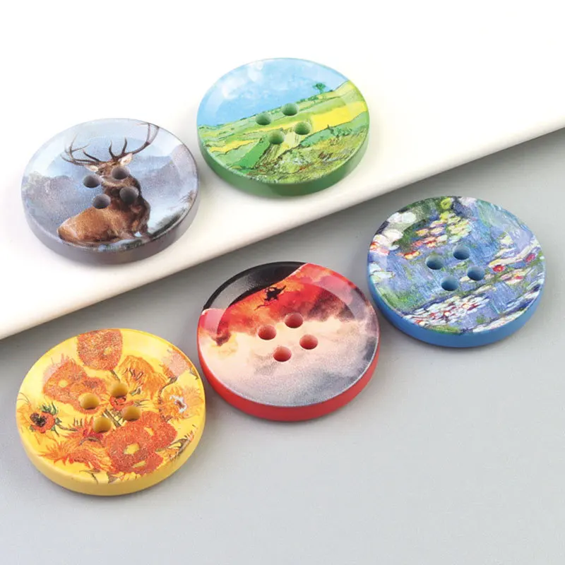 4 Holes Round Art Oil Painting Buttons Clothes Shirt Suit Knit Coat Denim Resin Buttons Sewing Fashion Decoration Accessories