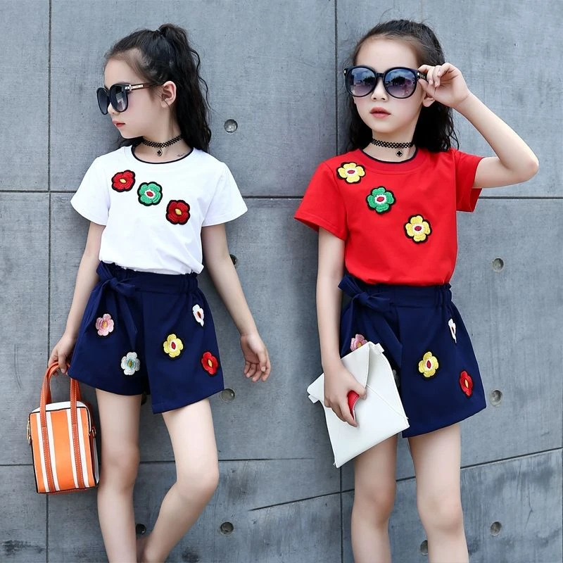 Summer Girls Set Embroidered Cotton Shorts T-shirt Girl Two Piece Suit Fashion Flower Skirt 2 To 4 5 6 7 8 9 10 11 12 Years Old