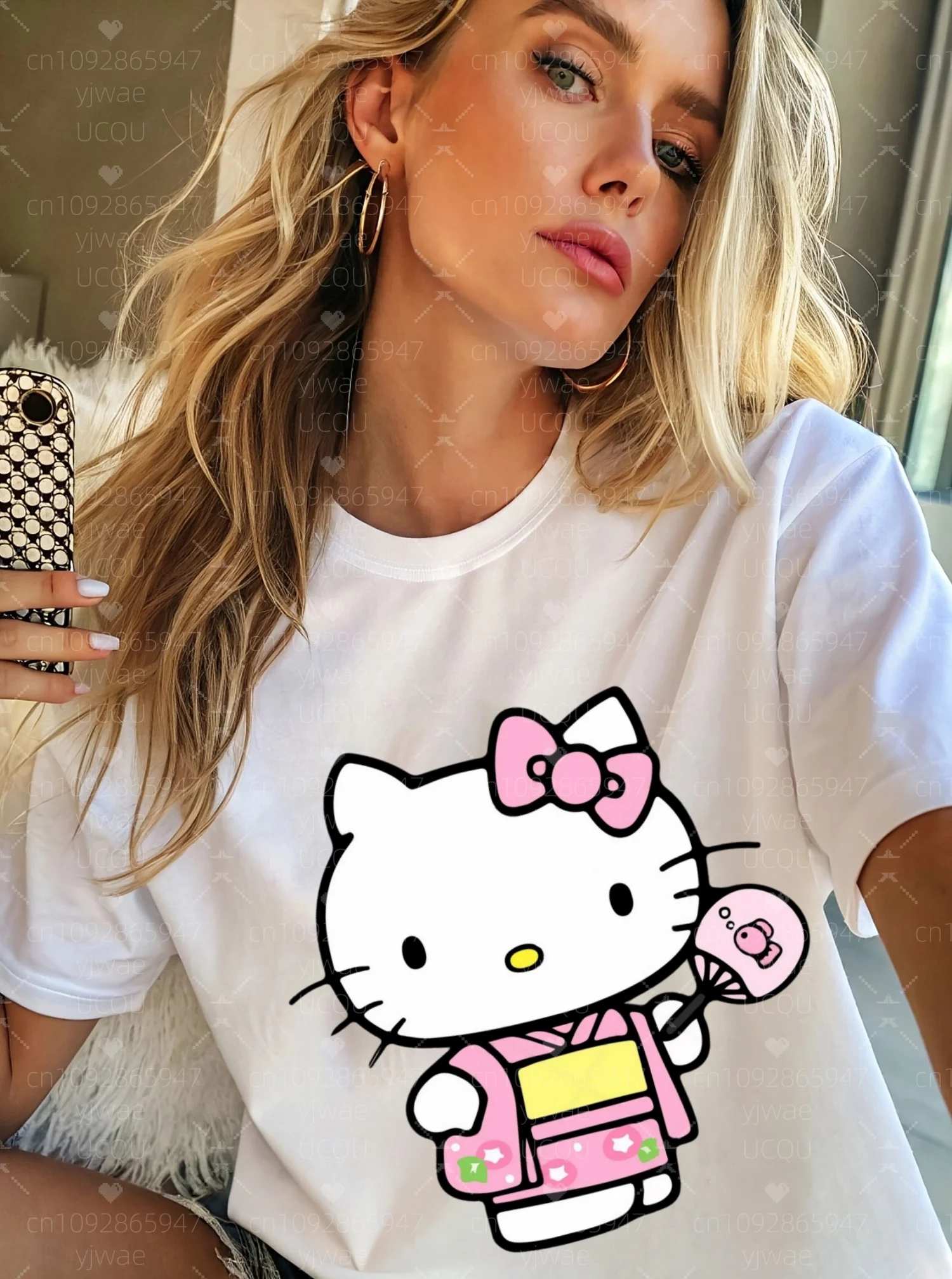 

2025 Summer Women Kawaii Hello Kitty Y2k Cotton Tops O-Neck Short Sleeve T-Shirt Women's Couples Fashion Women T-Shirt Tops
