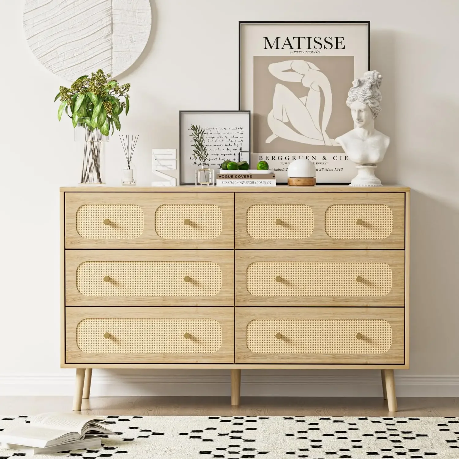 

Rattan Drawer Dresser for Bedroom, Wood Boho Double Chest of Drawers with Storage and Gold Handle, Modern Natural Rattan Dresser