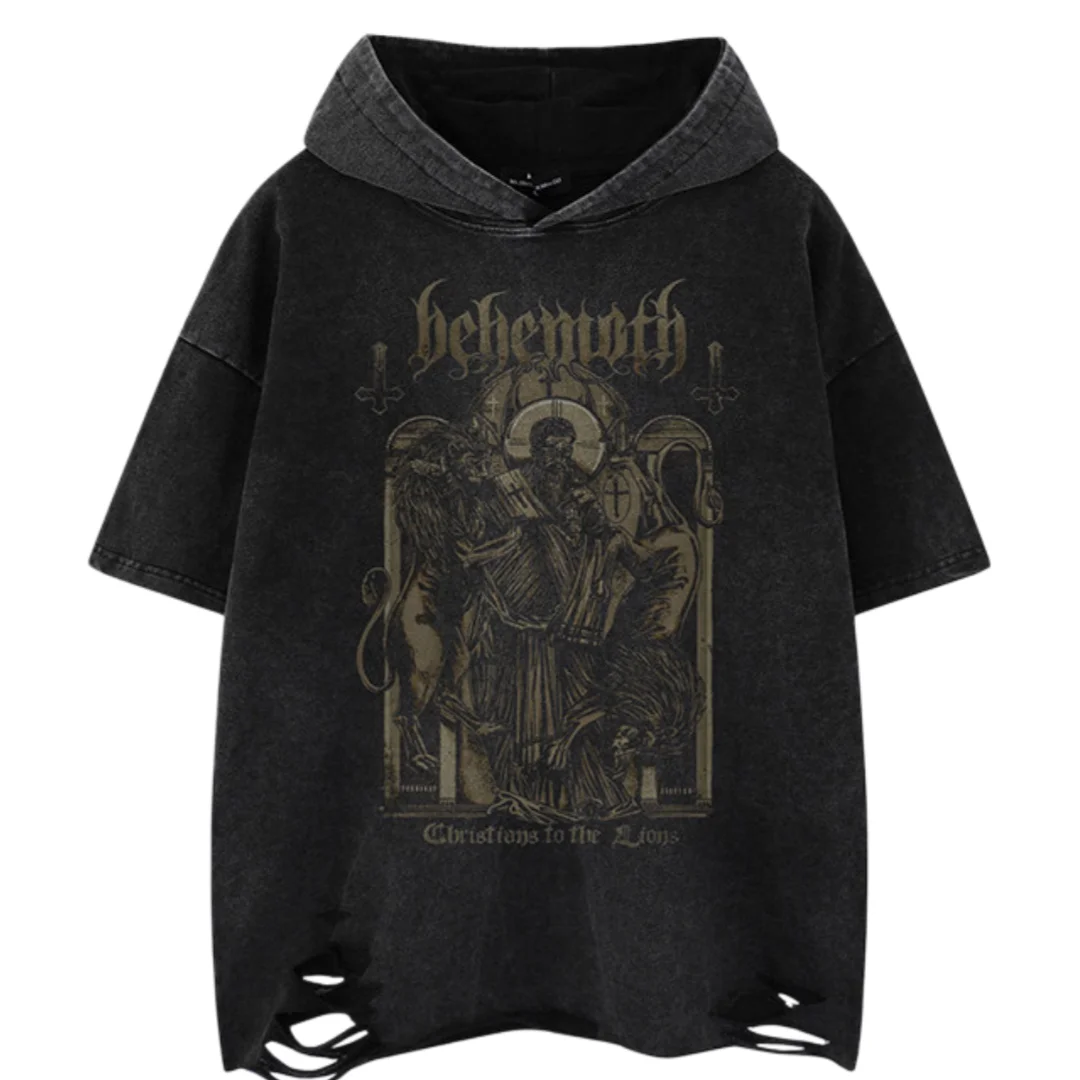 

Футболка унисекс с коротким рукавом, весна 2026, винтажная, с эффектом потертости, с принтом и рваными элементами, свободного кроя, с капюшоном, для мужчин, повседневная, топ