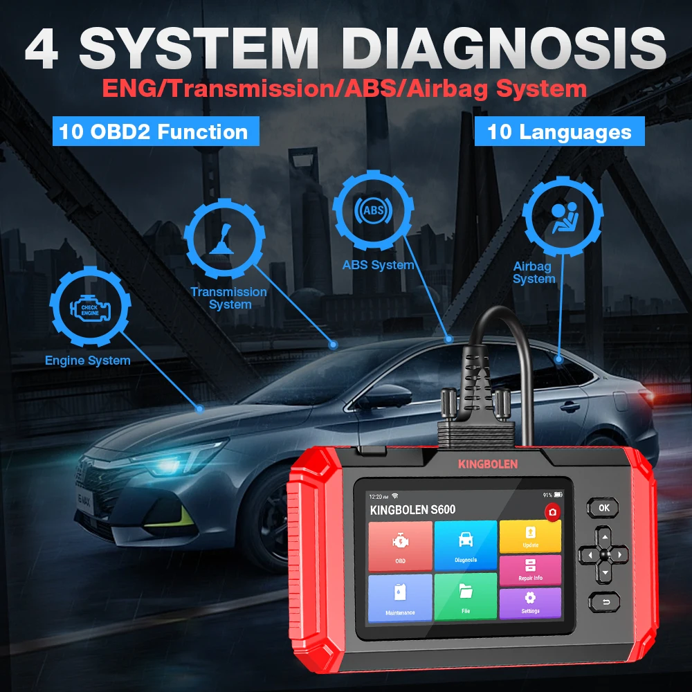 KINGBOLEN S600 4 أنظمة أدوات التشخيص ABS SRS ECM TCM 8 إعادة تعيين TPMS DPF الفرامل إعادة تعيين الماسح الضوئي obd2 تحديث مجاني مدى الحياة