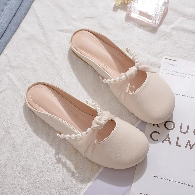 2024 Summer New Fairy Style Pearl Decorated Women's Slip-On Shoes Head Cover Mules Flat Heel Korean Style Daily Wear