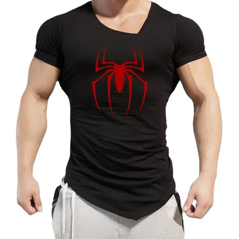 Hommes Fitness entraînement coupe ajustée Sport T-Shirts course Oblique col en v à manches courtes chemises araignée rouge décontracté gymnase musculation hauts