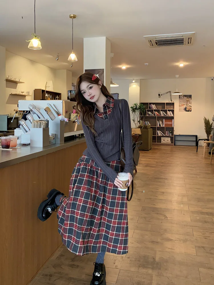 Preppy Style Outfits 2 Piece Skirt Set Fake Two Pieces Blouses High End + Plaid A-Line Skirt Office Lady Japanese High Quality