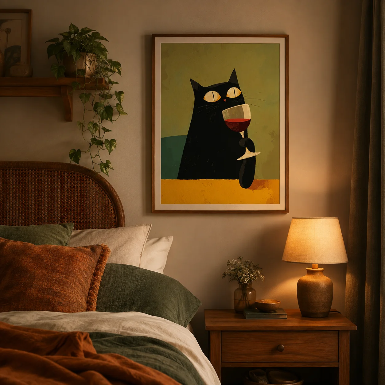 Black Cat Drinking Wine,Canvas Wall Print,Modern Art Illustration,High‑Grade Home Decoration Artwork for Bedroom,Living Room,Off