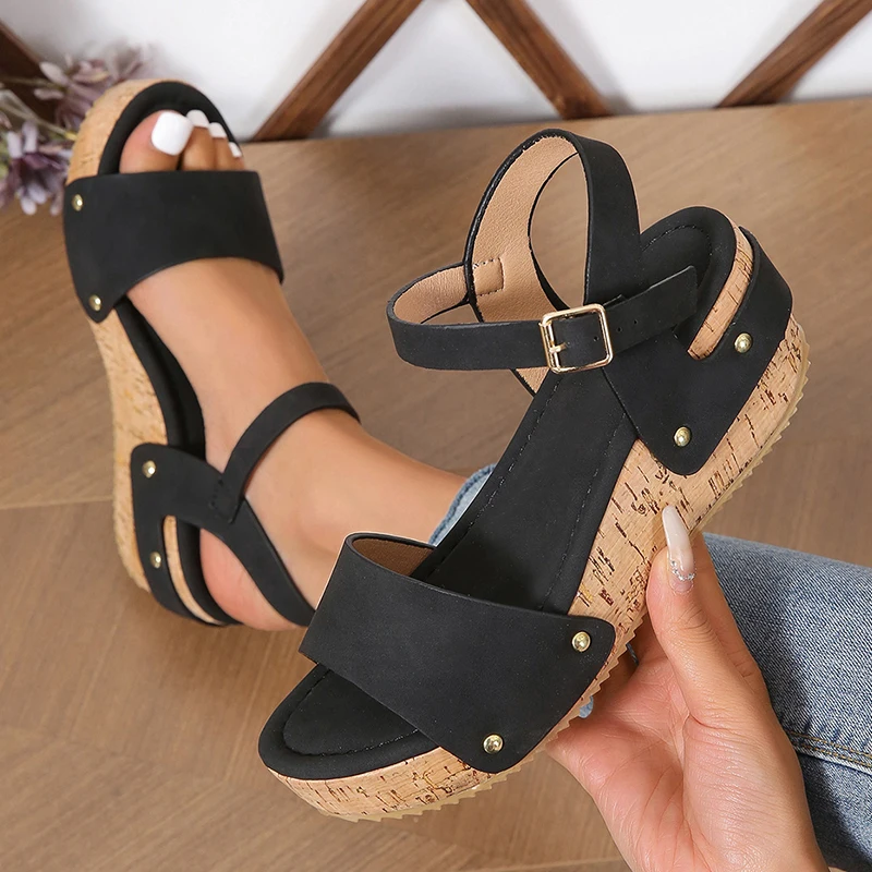 Rimocy Mix Color Platform Sandals Women Fashion Rivet Wedges Sandalias De Mujer 2023 Ankle Buckle Non-Slip Rome Sandals Female