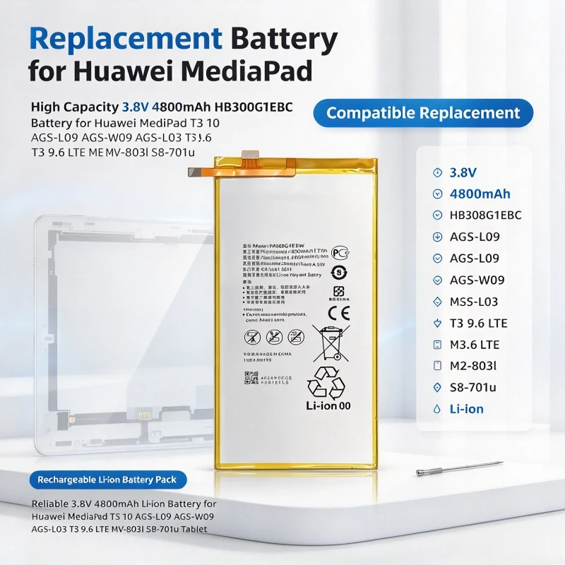 3.8V 4800mAh HB3080G1EBC  for Huawei MediaPad T3 10 AGS-L09 AGS-W09 AGS-L03 T3 9.6 LTE M2-803l S8-701u Tablet Battery