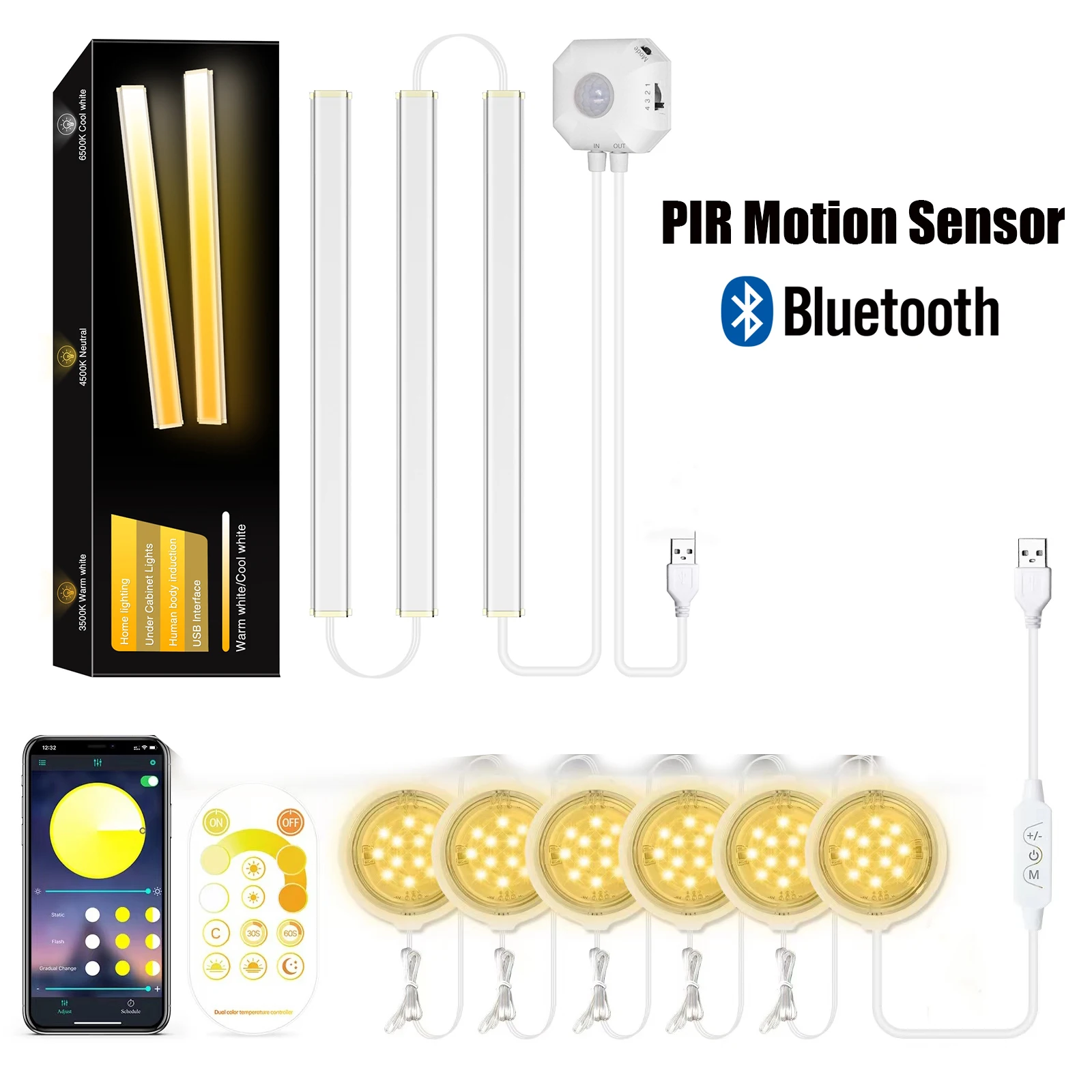 Motion Sensor/Bluetooth Dual Color Temperature USB Cabinet LED Light Round/Bar Shape Night Lamp for Kitchen Cupboard