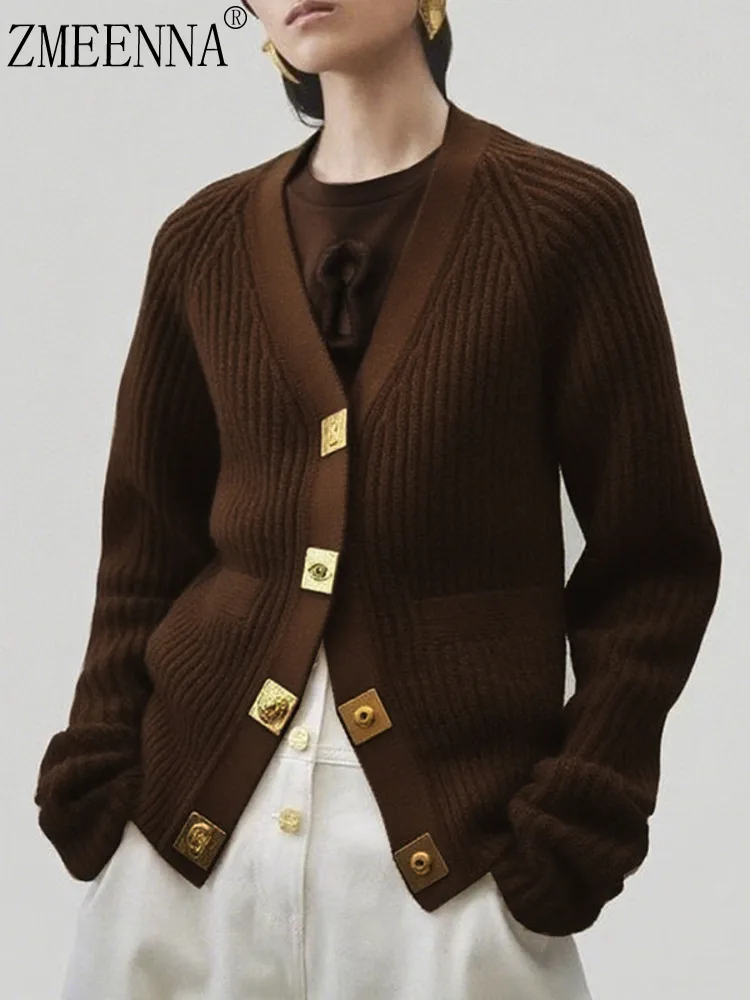 

ZMEENNA Women's V Neck Cardigan Sweater With Unique Buttons Casual Loose Fit Ribbed Knit Outerwear Long Sleeve ZM3940