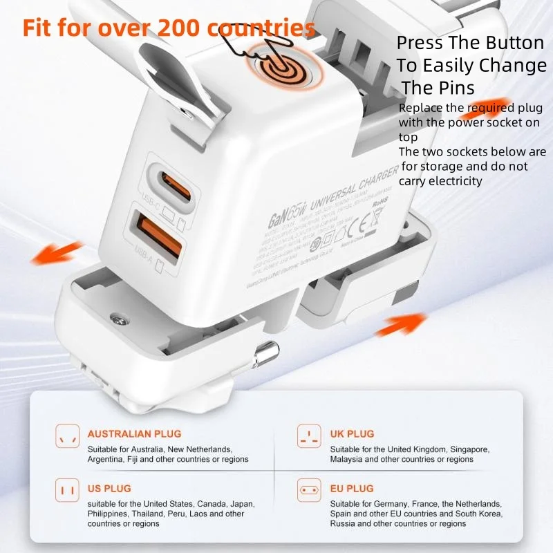 LDNIO GaN 65W Szybka ładowarka typu C Uniwersalny adapter podróżny z wtyczką US EU UK AUS Uniwersalna przenośna ładowarka USB do podróży — zdjęcie produktu 3