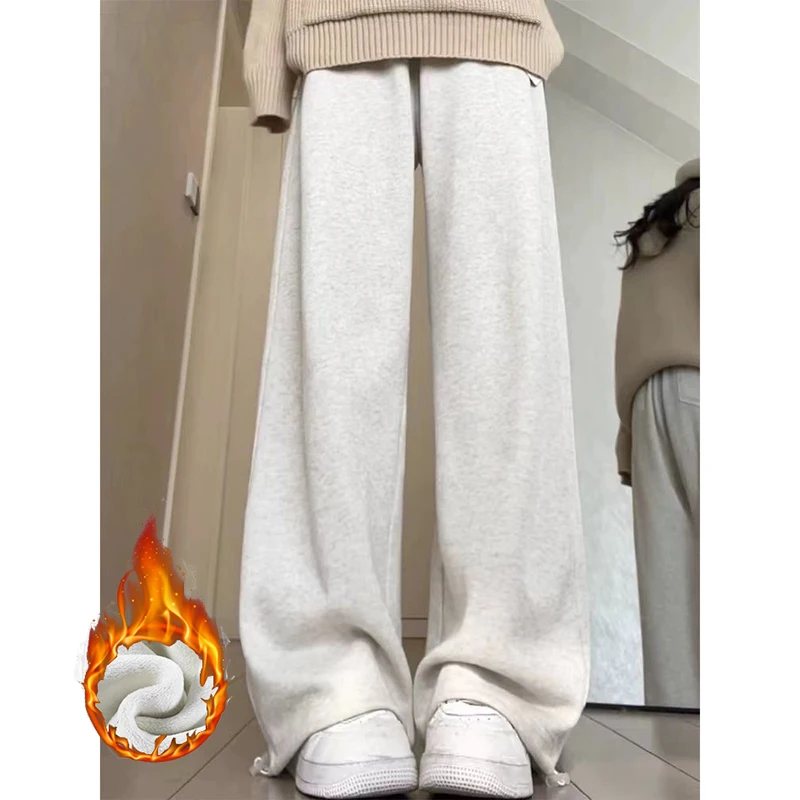 Winter-Damen-Schnee-Warm-Plüsch-Jogginghose, Klassische Einfarbige Weite Hose für Mädchen, Koreanische Mode, Hochgeschnittene Thermo-Samthose für Frauen