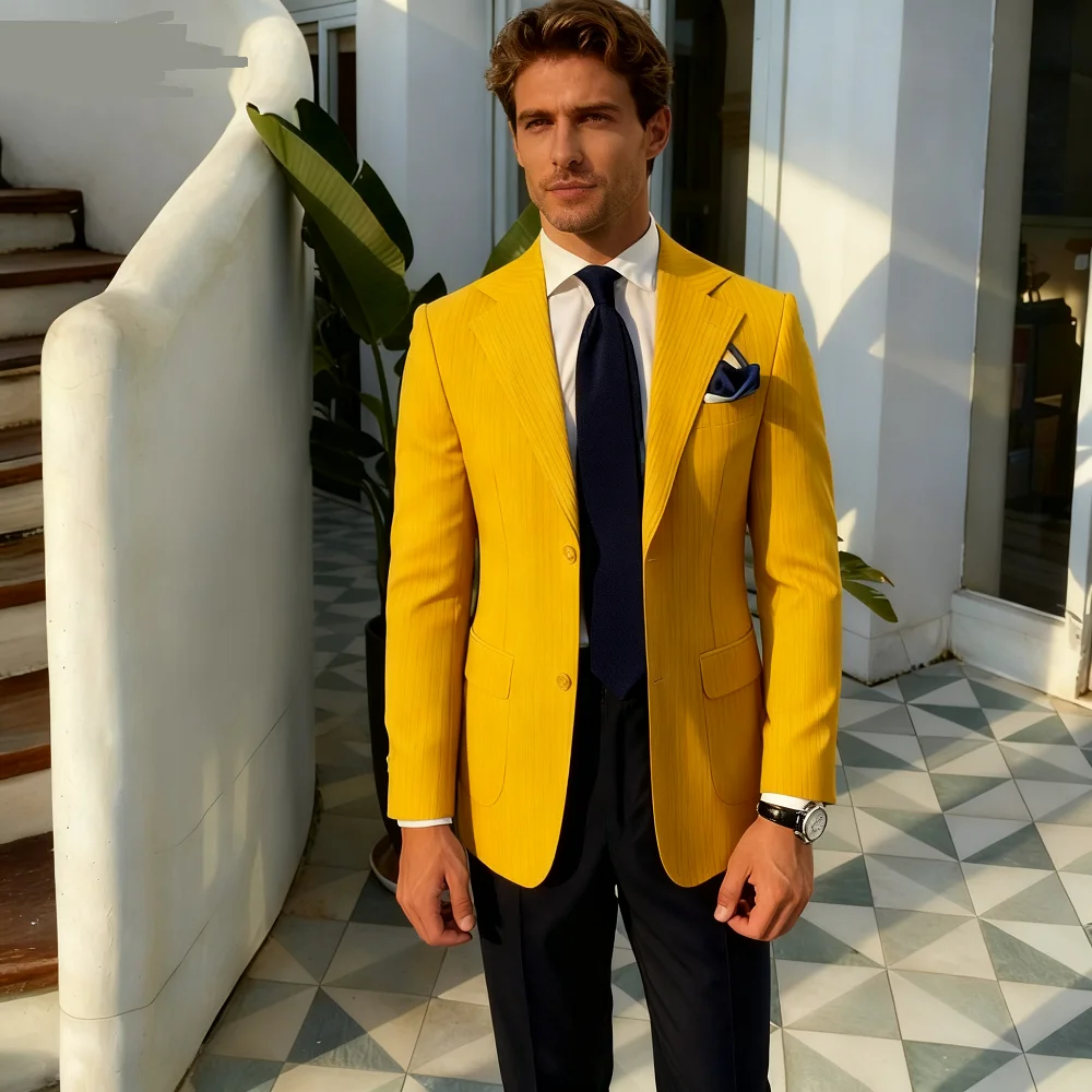 

Summer Seersucker 2-Piece Men's Blue Striped Blazer Suit with Notched Lapel Casual Wedding Fine Fit Trousers Male Fashion