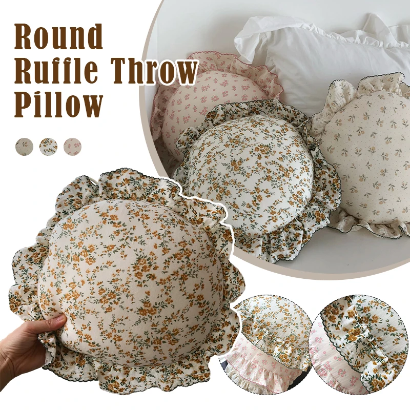 

Country Style Floral Round Pillows with Ruffles Bedding Pillows Cushions Living Room Ruffled Girly Pillow for Home Hotel