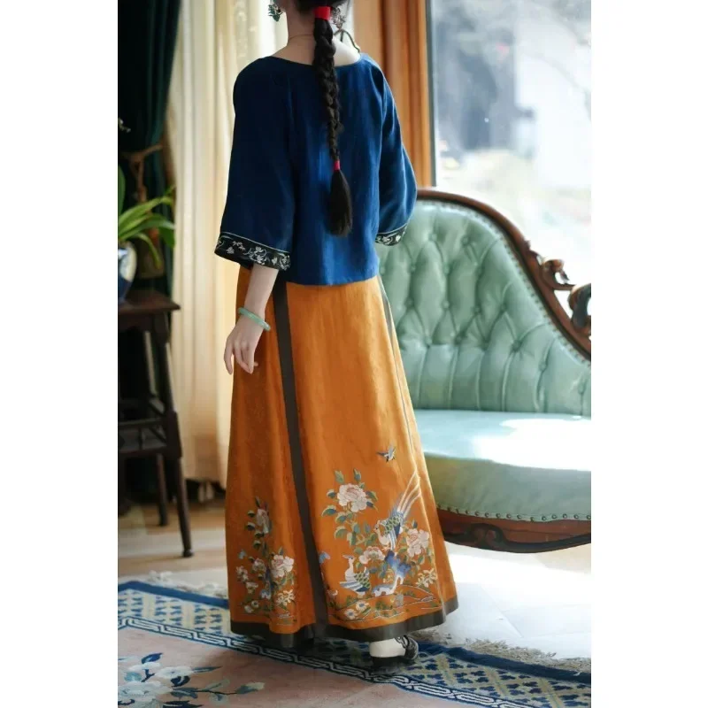 Elegante falda de cara de caballo Hanfu con estampado de flores naranjas para mujer, Top bordado azul, disfraces chinos antiguos, regalos para el día de la madre