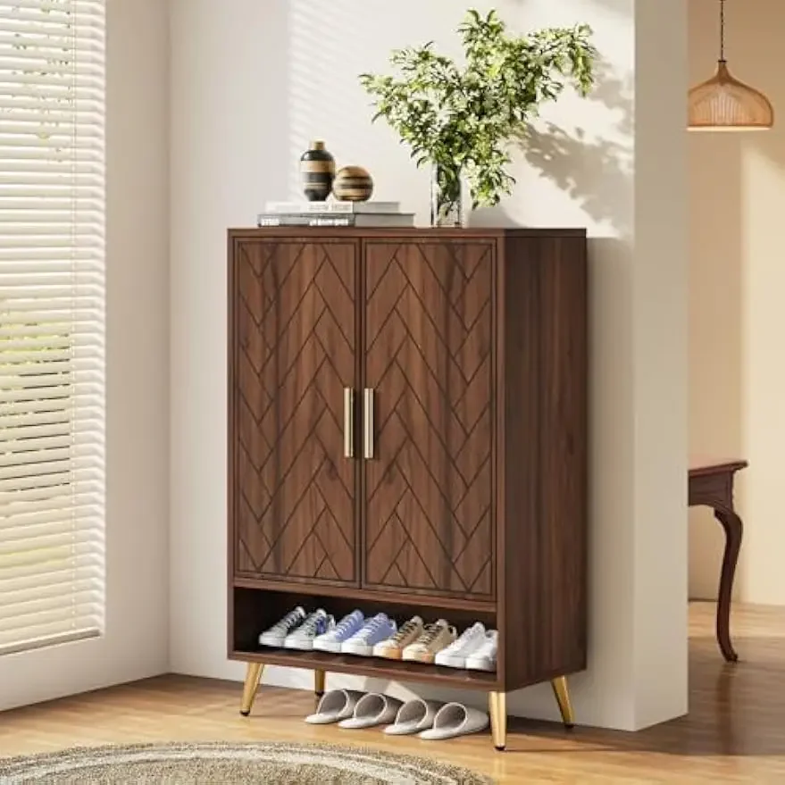 

Shoe Cabinet with Doors, 6-Tier 18 Pairs Shoe Storage Cabinet for Entryway, Living Room, Bedroom (Walnut, Gold Legs)