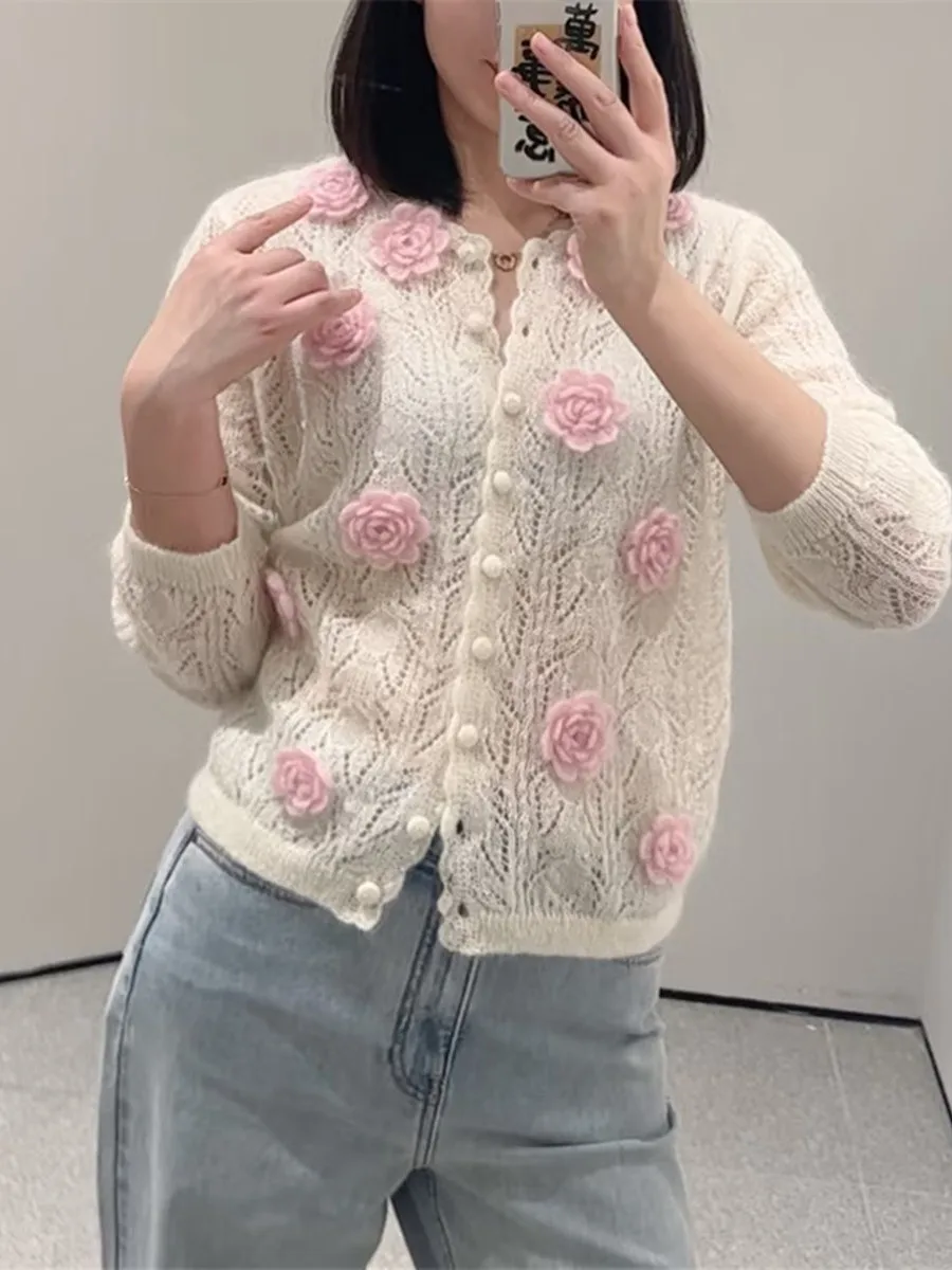 

Handmade High-End European Sle Sweet Natured round Ne Knitted Cardigan And Tank Top Two-Piece Set Pink 3D Flower Design