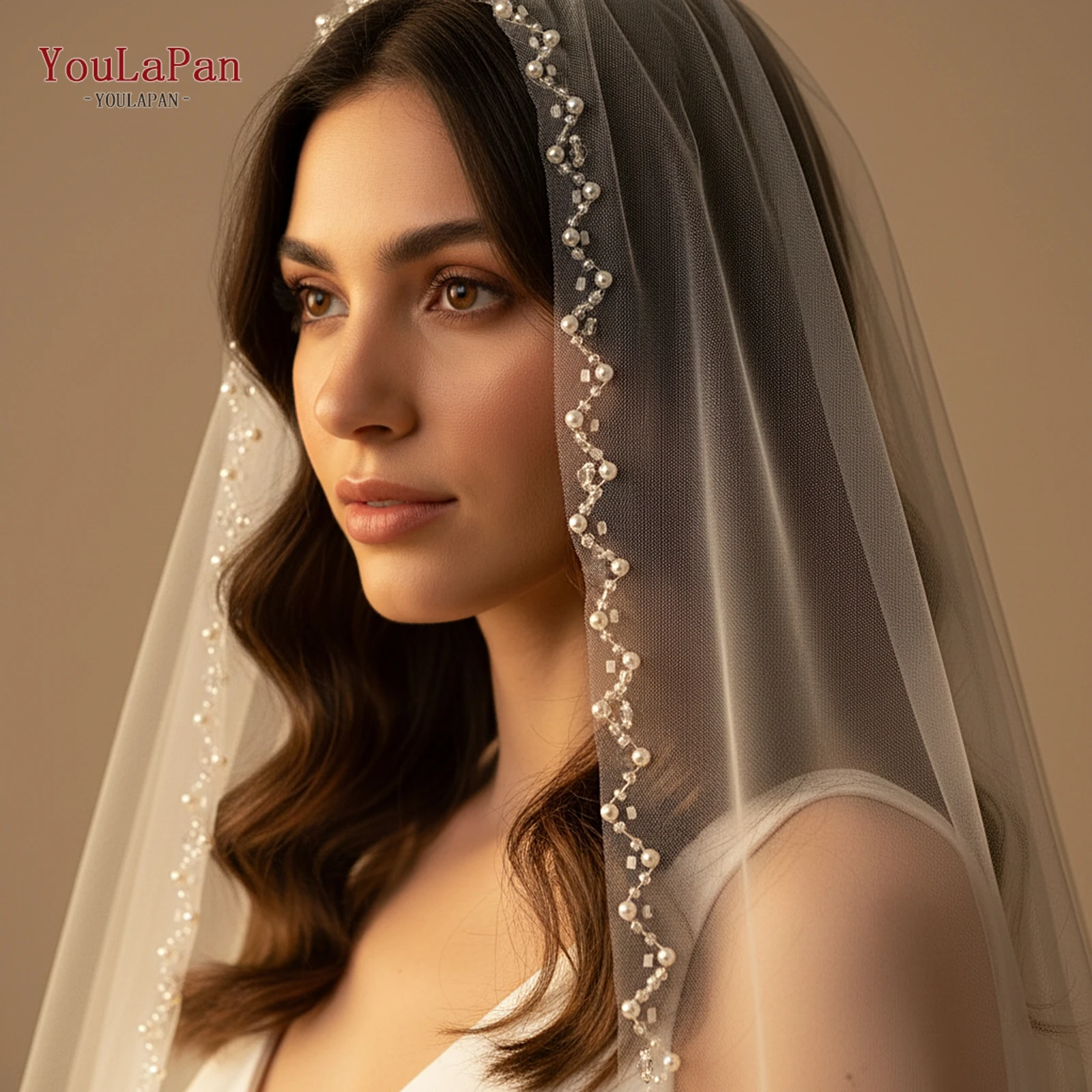 

TOPQUEEN Элегантная свадебная фата Velo Novia с кристаллами и бисером, двухслойная, длиной до кончиков пальцев, свадебные аксессуары, настраиваемая модель V121