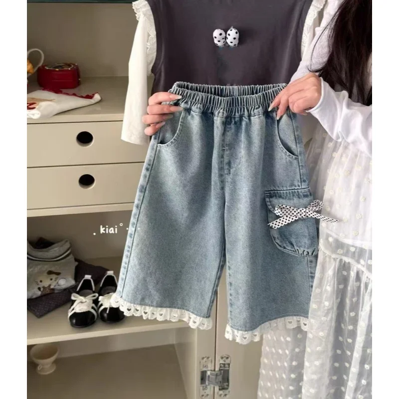 Girls' Spring and Autumn Jeans 2026 New Korean Edition Children's Casual Wide Leg Lace Jeans 2-8Y