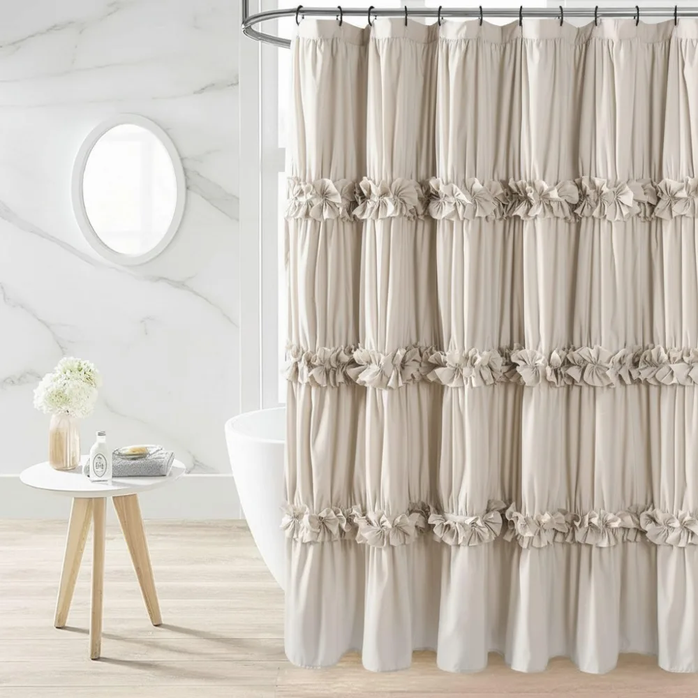 

Vintage Ruffle Shower Curtain, Elegant Waterfall Design Microfiber Bath Curtain with 12 Buttonholes, 72x84 Inches