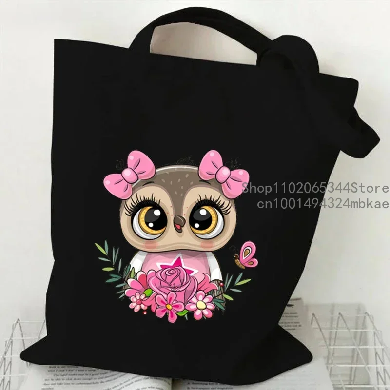 Cartoon Owl  Hand-painted Print Women Handbag Fashion Tote Bag High-capacity Reusable Shopping Bag Kawaii Animal Lady Canvas Bag