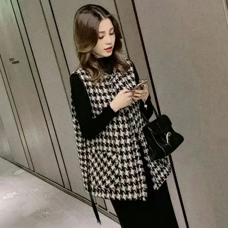 Autumn Women Thousand Bird Grid Loose Waistcoat Coat Spring Female Fashion Vest Outwear Korean Ladies Casual Sleeveless Jacket
