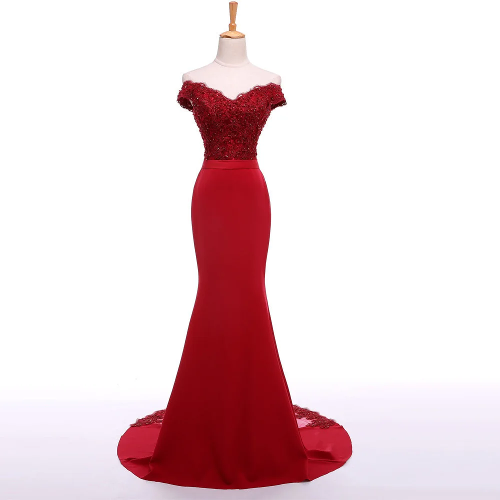 

Elegant Satin Mermaid Evening Dresses 2025 Off The Shoulder Lace Appliqued Beads Formal Party Gown Sweep Train Sexy Evening Gown
