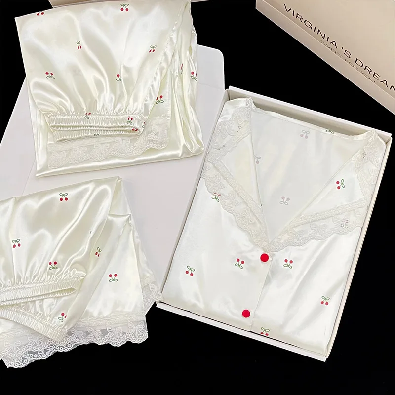 New Korean-Style Sweet Ice-Silk Summer Girls' Short-Sleeve Three-Piece Pajama Set with Lace: Seductive-Chic Loungewear