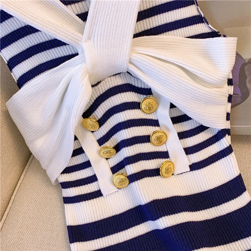 2025 New Ladies Halter Sleeveless Bodycon Dress Women's Dress Slim Temperament Striped Mini Dresses Summer Knit Dress