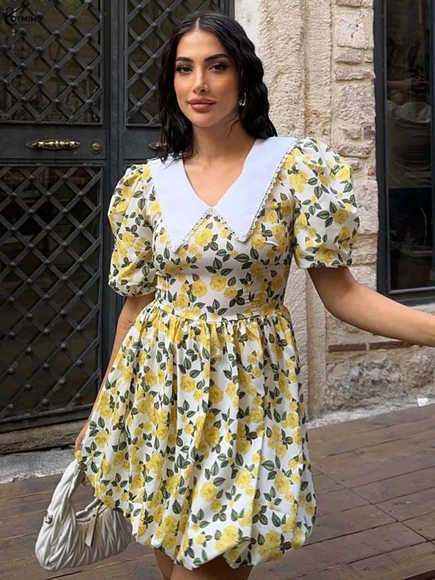 

Oymimi Fashion Yellow Print Dresses 2025 Woman Elegant Shorts Sleeve Patchwork Lace Dresses Autumn Pleated Mini Dress Streetwear