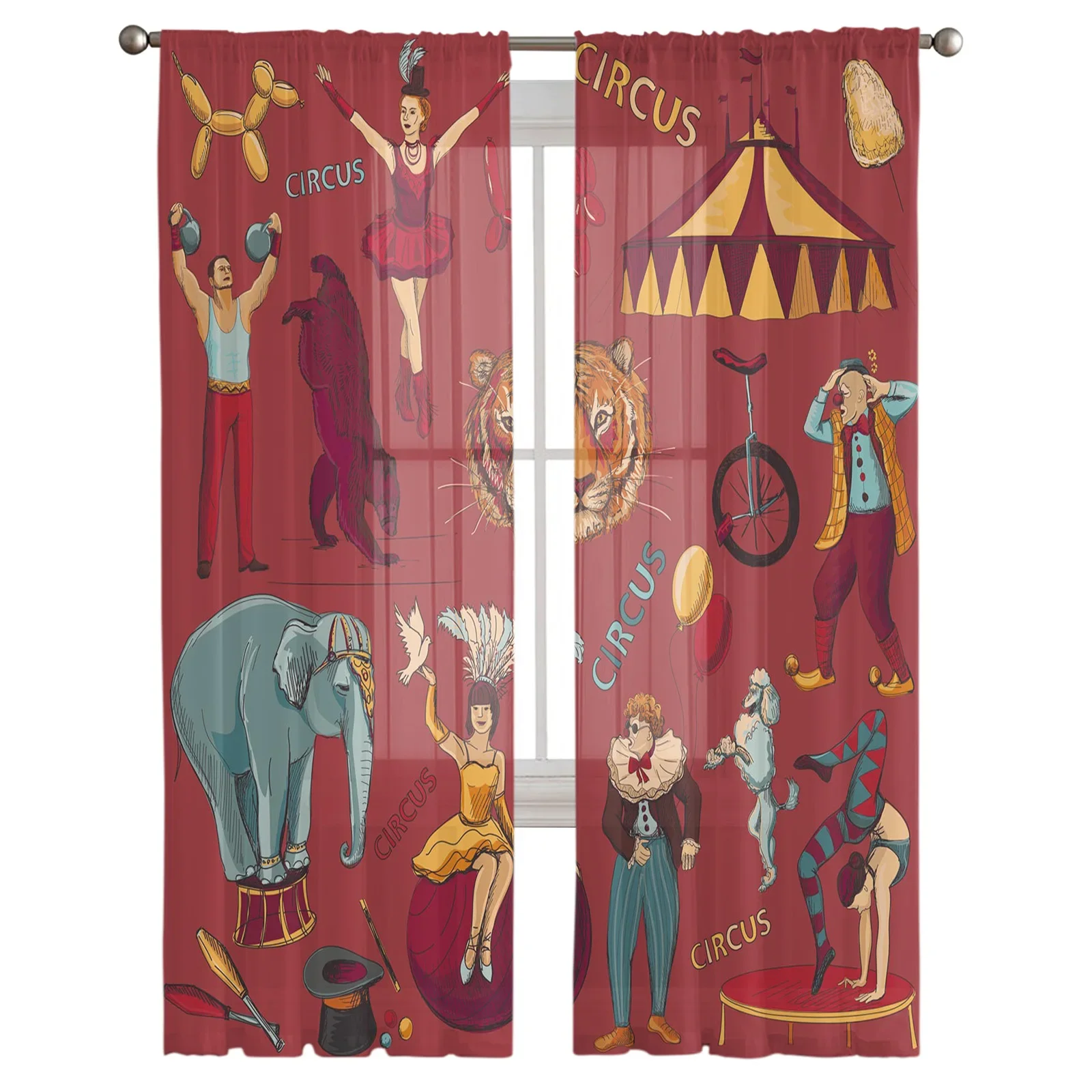 Circus Acrobat Athlete Clown Elephant Sheer Window Curtain for Bedroom Drapes Home Tulle Curtain for Living Room Chiffon Curtain