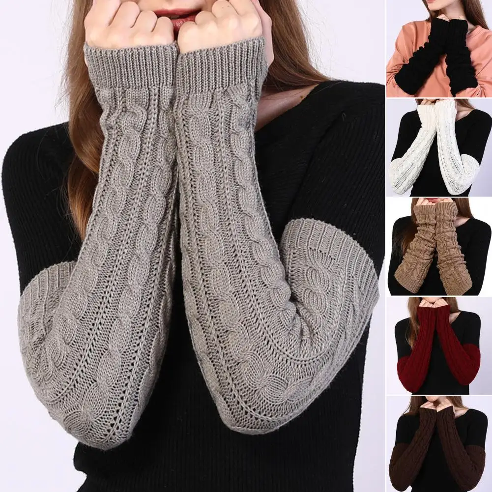 1 Pair 50cm Women Arm Warmer Thumbhole Elbow Length Stretchy Knitted Arm Sleeves Keep Warm Woolen Yarn Gloves Women Accessories