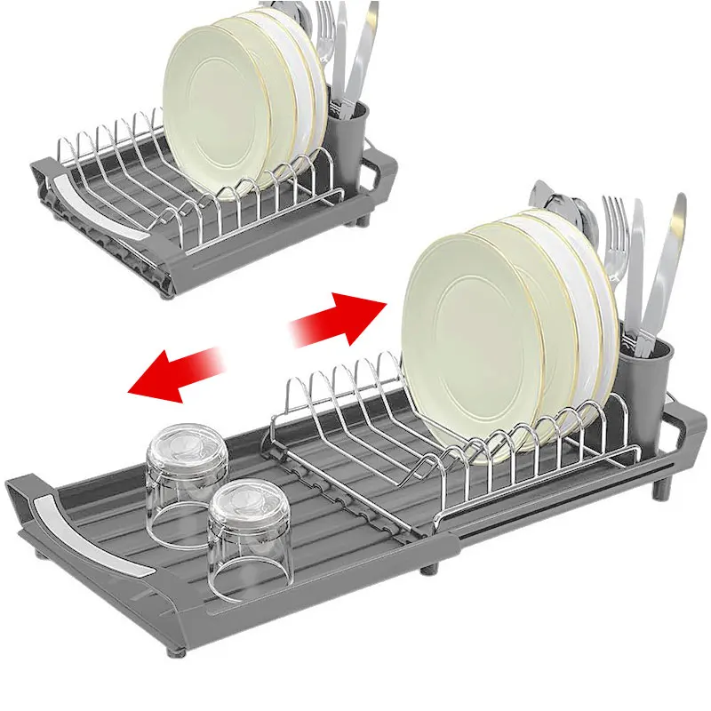 Escurridor de Platos Expandible con Porta Cubiertos, Escurridor de Platos Resistente a la Oxidación, Escurridor de Cocina, Organizador de Encimera que Ahorra Espacio