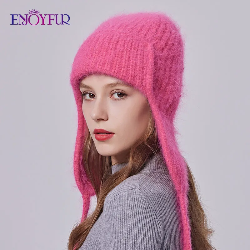 Enjoyfur Frauen Winter Angora Ohren klappen Hut warme flauschige Angora Kaninchen Fell Strick mütze weibliche dicke Fleece gefüttert russische Trapper Hut