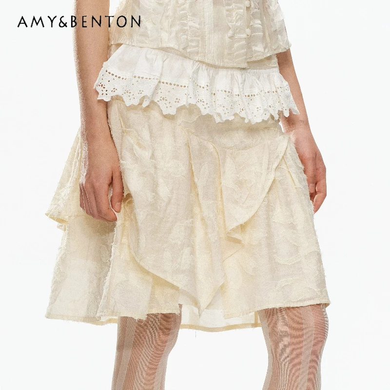 2026 Summer New Beige Jacquard Women's Skirt French Design Lace Splicing Mid-rise Loose Slimming Irregular Short Skirts Ladies