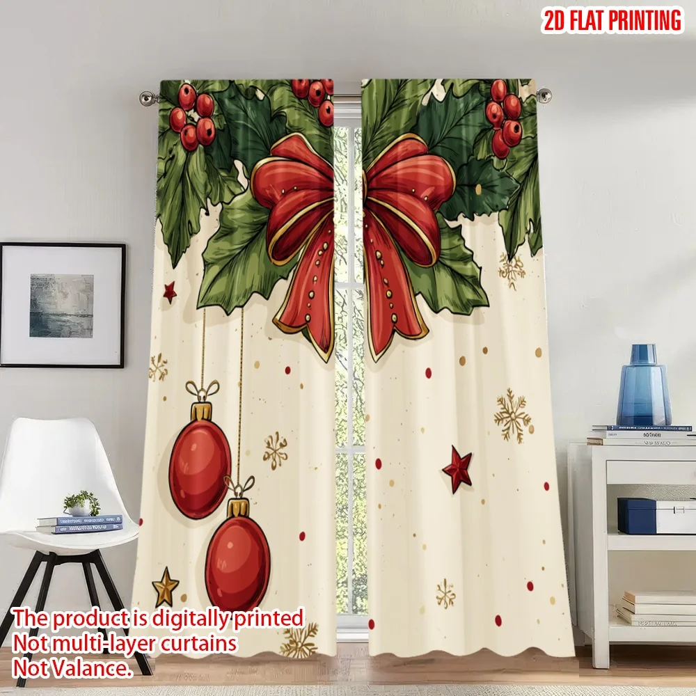 

2pcs 2D flat printing Fashionable Christmas curtains Christmas Holly Bow Ornaments Stars Digital Printed Polyester Drapes