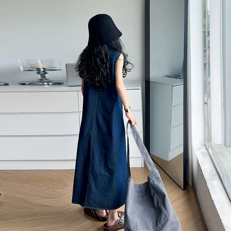 فستان صيفي للأطفال على طراز هونج كونج بدون أكمام من قماش الدنيم للفتيات موضة عالية ملابس الشارع فستان جينز كاجوال أزرق عتيق للأطفال