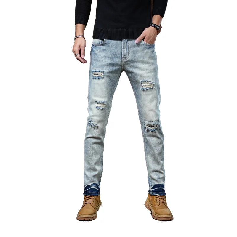 Trendy Men's Slim Fit Jeans New Breathable Cotton Blend Ripped Skinny Pants Streetwear Urban Fashion Casual Slim Denim Trousers
