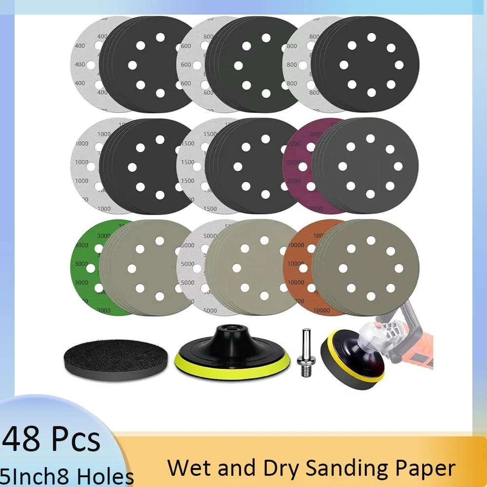 

5 Inch 8 Hole Wet and Dry Sandpaper Kit 48 Pcs with Backing Pad M10 Assorted 400-10000 Grit Angle Grinder Attachment for Car