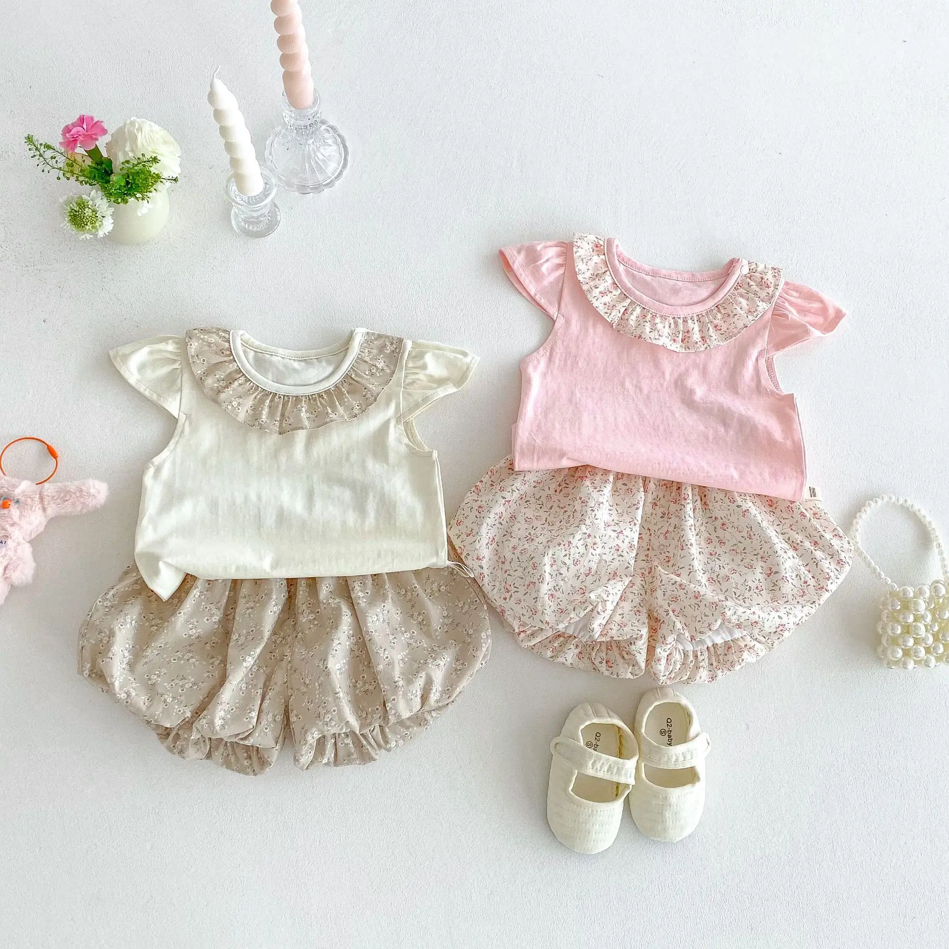 Girls' Floral Set 2025 New Summer Baby Stylish Korean Version T-shirt Trendy Children's Flower Bud Shorts Two-piece Set