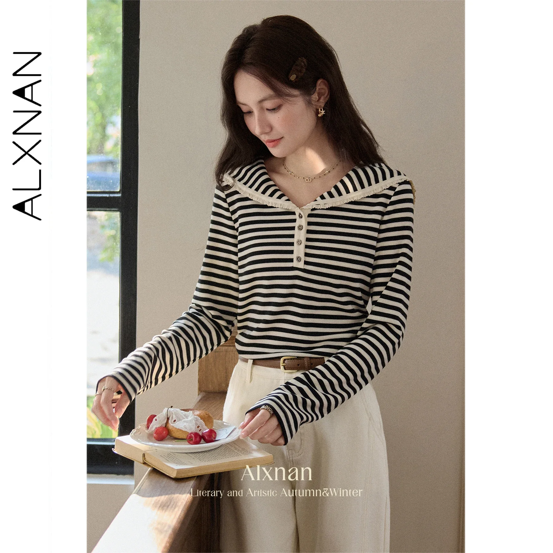 ALXNAN Navy Collar Striped T-shirt Women Autumn Casual Long Sleeve T-shirts Elegant Wooden Flower Buttons Tops Female L569130