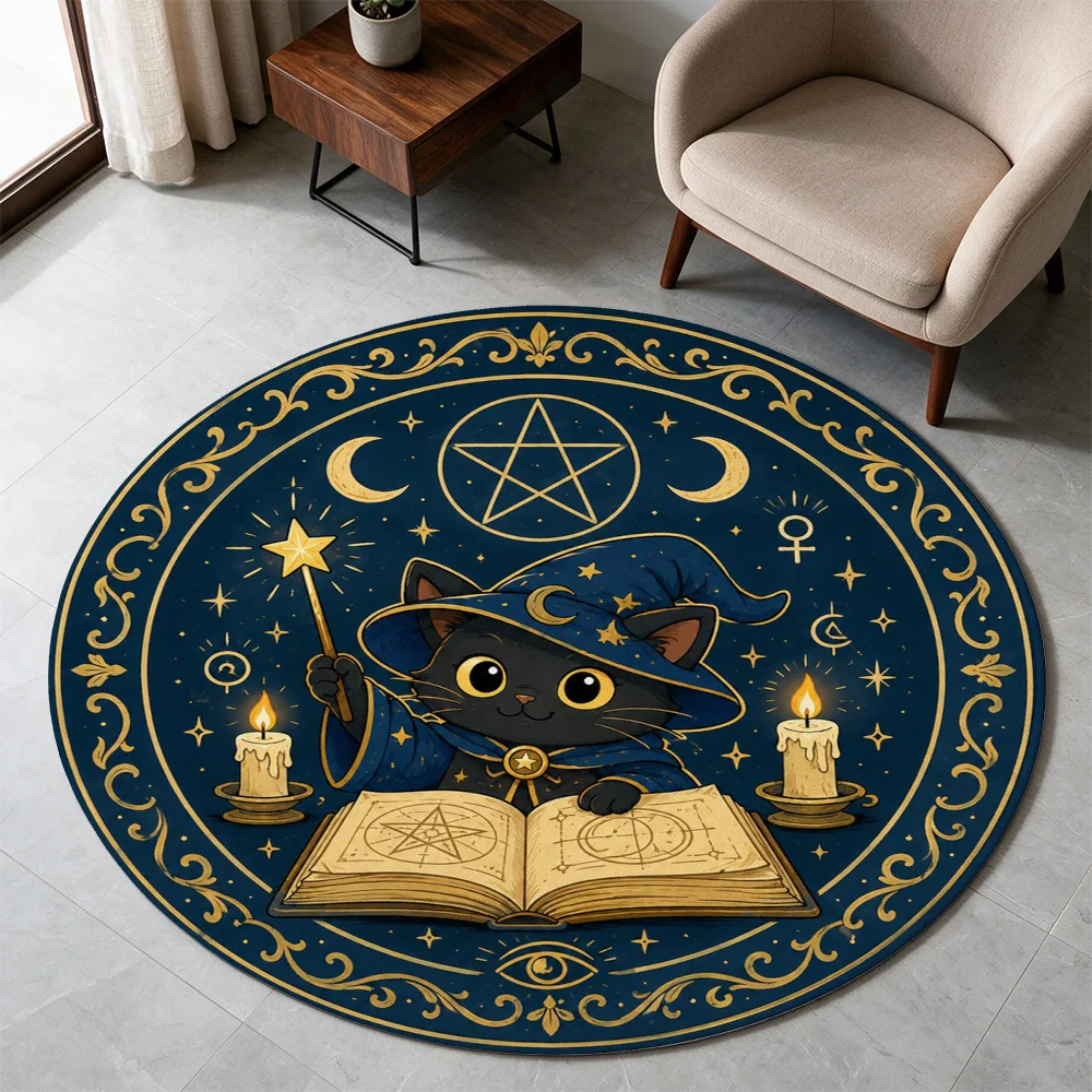 Mystic Cat Witch Magic Circle Astrology Tarot Bohemian Floor Rug for Witchy Decor Home Gift