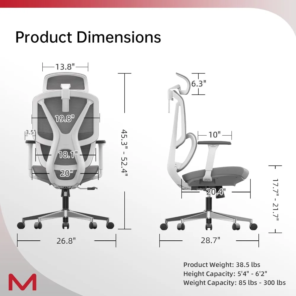 Ergonomic Office Chair High Back, 300lbs, Adaptive Lumbar Support, 2D Headrest, 4D Armrest, 135° Tilting, Mesh Computer Chair